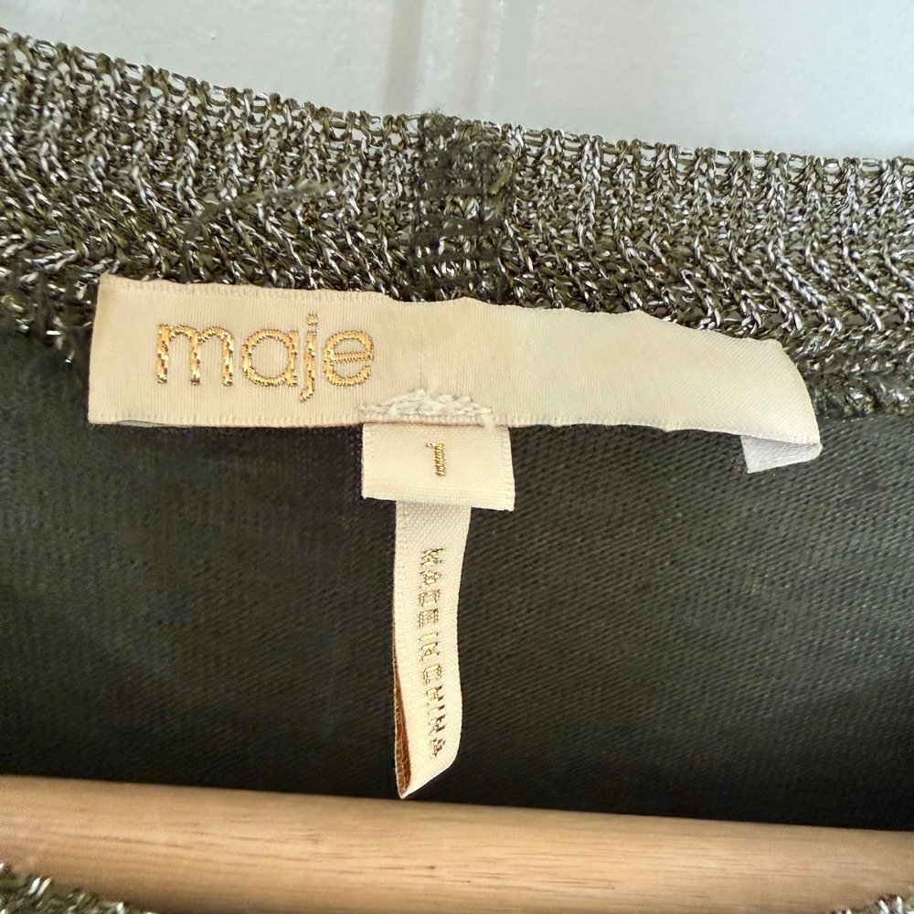 Maje Top Women Size 1 Olive Green‎ Excellent Metallic Trim Linen Raglan Tee - Picture 3 of 7